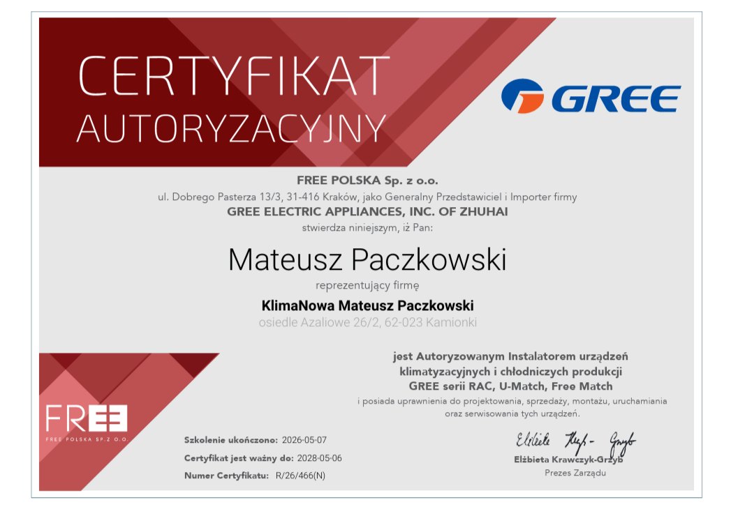Certyfikat autoryzacyjny Gree dla KlimaNowa