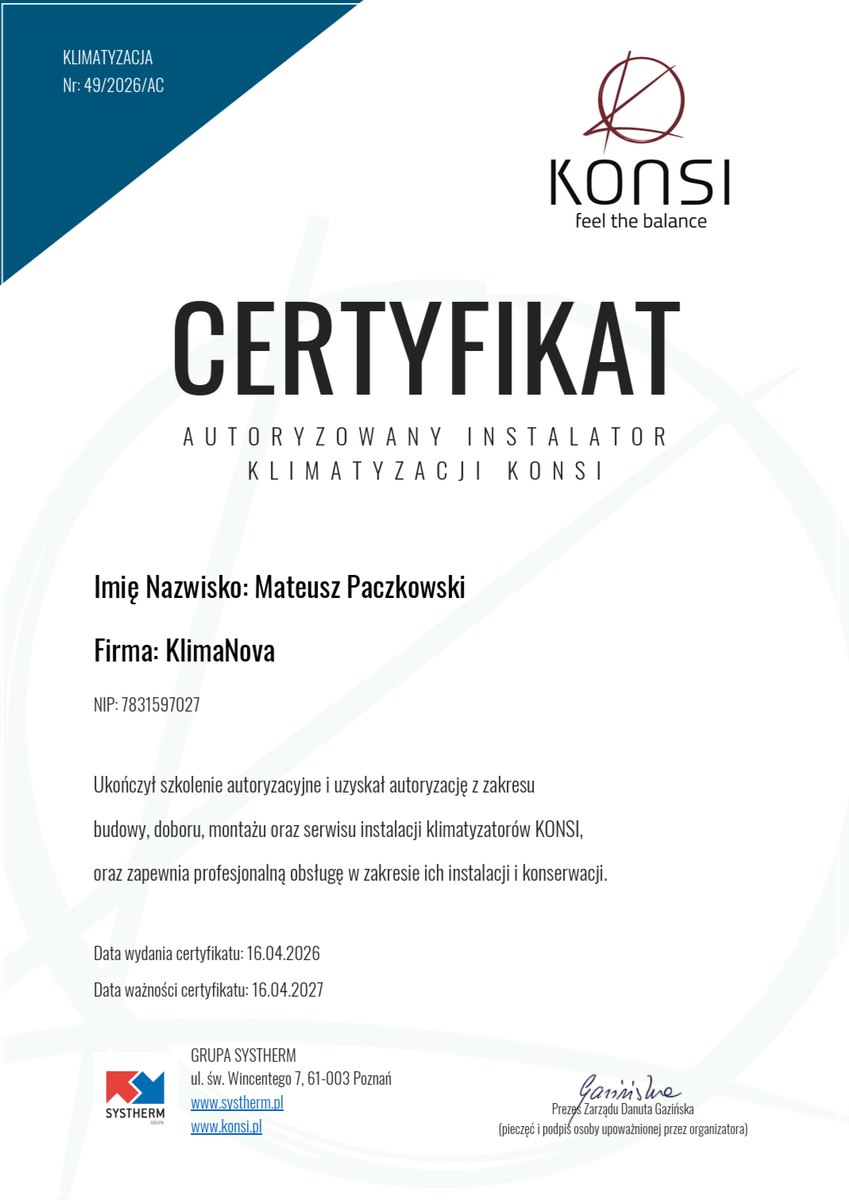 Certyfikat autoryzowanego instalatora klimatyzacji Konsi