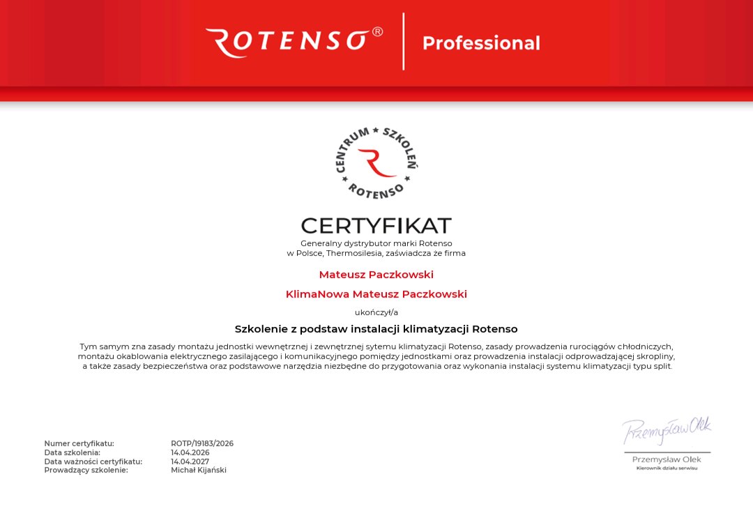 Certyfikat Rotenso z podstaw instalacji klimatyzacji