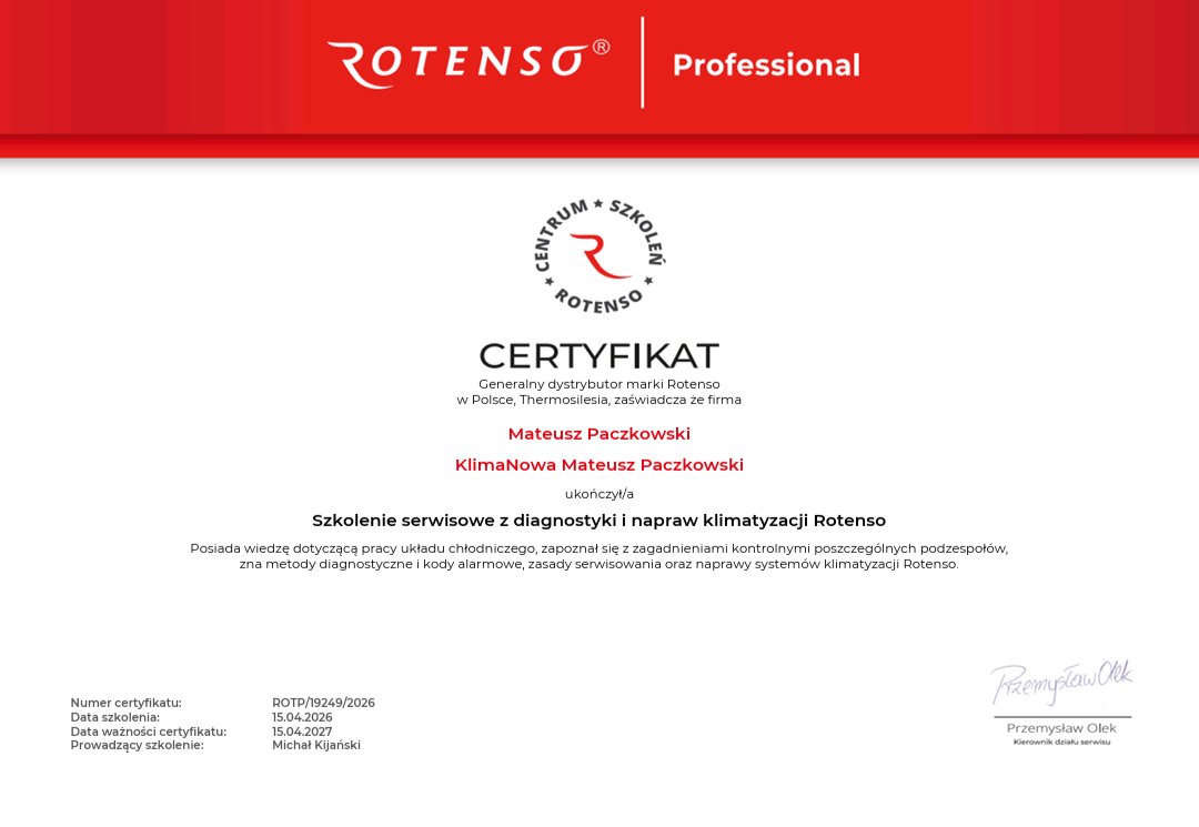 Certyfikat Rotenso z diagnostyki i napraw klimatyzacji